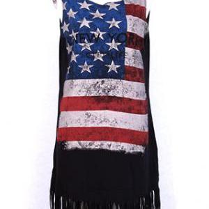 Fashion Cool Loose Fitting American Flag Fringed..