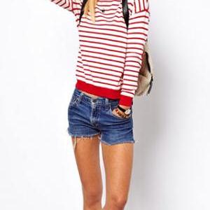 European Style Stripe Heart Patch Pullover Knit..