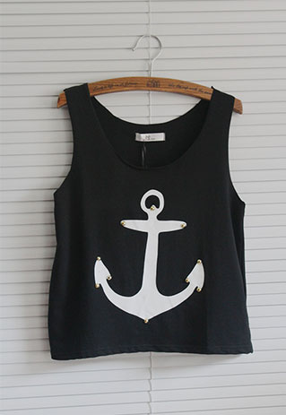 European Navy Style Rivet Anchor Print Black Vest [grls76000040]